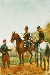 Politieagenten op inspectietour controleren een militair in 1885